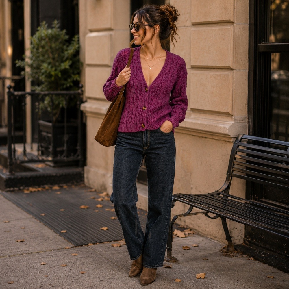 Vintage Fabrizio Weathervane Purple Cable Chunky Knit Cardigan‎ Cotton Ramie L